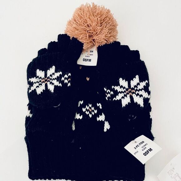 NWT Charter Club Black & White Snowflakes Nordic Beanie Pom Pom Gloves 2 Pc Set - Picture 9 of 12